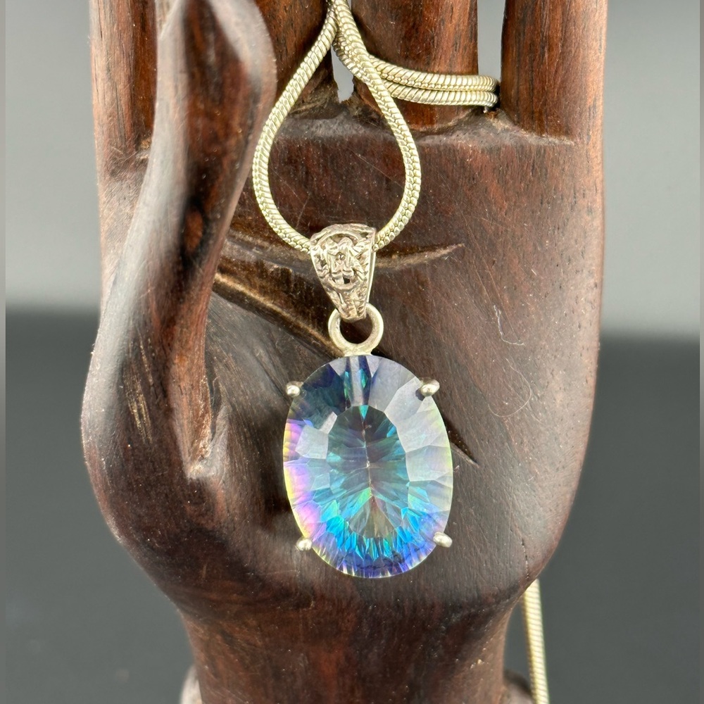 Fluorite Stone Pendant and Silver Chain Necklace